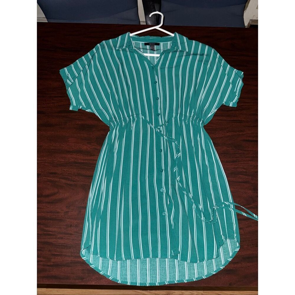 Forever21 Green and White Stripe Button Front Dress Size Small